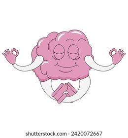 Cartoon brain character in trendy Rubber Hose style. Groovy meditation brain isolated white background. Mental health emoticon. Vector illustration for  web medical design. Editable stroke EPS 10 