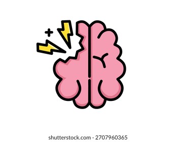 A cartoon brain is depicted, with one side damaged and lightning bolts emanating from it, suggesting pain or mental distress.