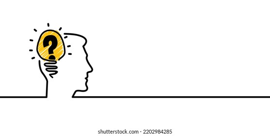 Cartoon brain electric lamp idea with question mark. FAQ, business loading concept. Vector light bulb icon or sign ideas. Brilliant lightbulb education or invention pictogram. Head or face thinking.