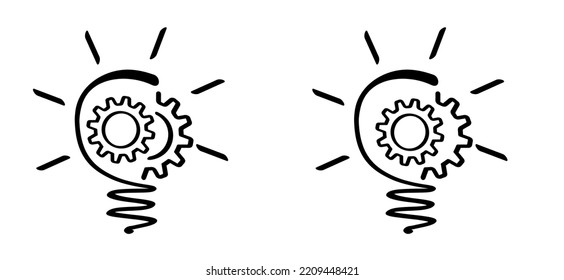 Cartoon brain electric lamp idea and Cogwheel, gear mechanism concept. FAQ, business loading. Vector light bulb icon or sign ideas. Brilliant lightbulb education or invention pictogram banner. 