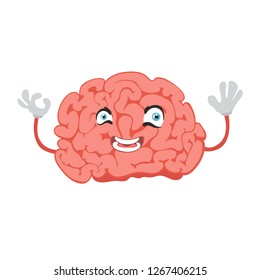 Cartoon brain with a face and little hands, smiling