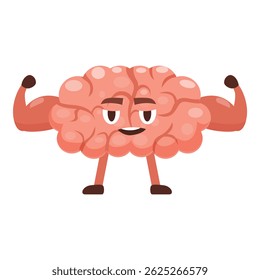 Cartoon brain flexing muscles, symbolizing mental strength, intelligence, and cognitive power