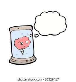 cartoon brain floating in jar with thought bubble