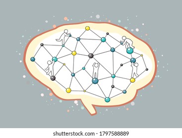 Cartoon brain functions with little people. Doodle vector illustration for psychology and creative design.