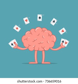 Cartoon brain with gambling cards. Brain shows focus with playing cards. Vector illustration in flat style.