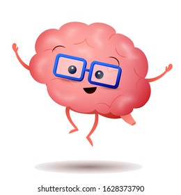 Cartoon brain in glasses vector illustration. Happy character, human organ, face. Anatomy for kids, intelligence, mind concept