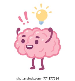 Cartoon Brain With Happy Face And Lightbulb, Creative Idea Drawing. Cute Brain Character Vector Illustration.