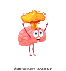 Cartoon brain with head explosion, strong stress and information overload isolated cartoon character. Vector brainy emoticon with detonating head, nuclear burst, charged by creative ideas, brainstorm