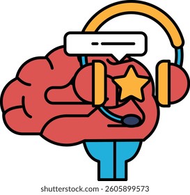A cartoon brain with a headset on it and a star on it. The brain is red and the star is yellow