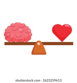 Cartoon brain and heart are balancing on a seesaw scale, symbolizing the balance between logic and emotion