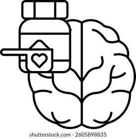 A cartoon of a brain with a heart on it and a bottle of powder next to it