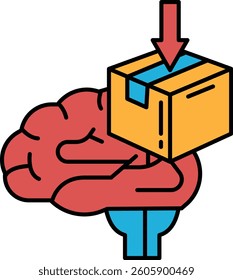 A cartoon brain is holding a box with a red arrow pointing down. The cartoon is meant to convey the idea of a brain being responsible for handling and processing information