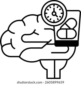 A cartoon of a brain holding a pill bottle and a clock