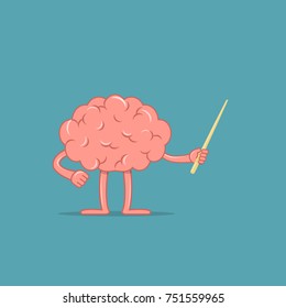 Cartoon brain holds a pointer. Isolated character of brain shows something. Concept of training. Vector illustration in flat style.