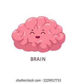 Cartoon brain human body organ character. Nervous system anatomy vector personage, cute and smart mind with happy smiling face. Healthcare, neurology medicine and education cartoon emoji