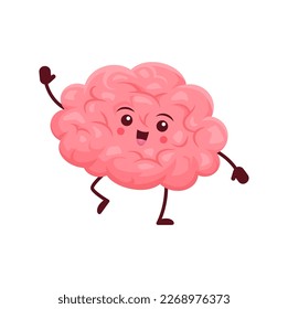 Cartoon brain human body organ character. Happy healthy vector personage with smiling face. Isolated marrow waving hand with gladness emotion. Anatomy medicine, funny positive friendly pericranium