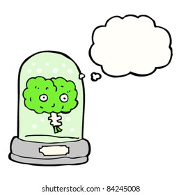 Cartoon-Gehirn im Glas mit Gedankenblase