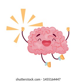 Cartoon brain jumping for joy. Vector illustration on white background.