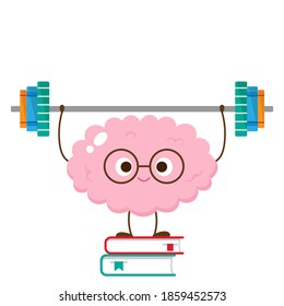 Cartoon brain lifting barbell make of books. Funny brain workout print poster. Mind exercise, memory, willpower and concentration training vector illustration