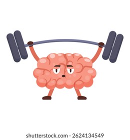 Cartoon brain lifting a barbell, symbolizing mental fitness, cognitive training, and intellectual growth