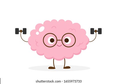 Cartoon Brain Lifting Dumbbells. Funny Brain Workout Emoji Vector. Mind Exercise, Memory, Willpower And Concentration Training.