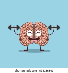 cartoon brain lifting weights icon over blue background. colorful design. vector illustration