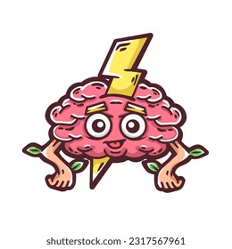 cartoon brain with lightning.vector character illustration on white background