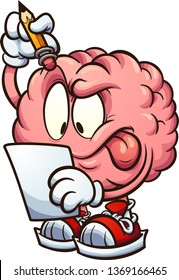 Cartoon Brain Looking At A Piece Of Paper And Thinking Clip Art. Vector Illustration With Simple Gradients. All In A Single Layer. 
