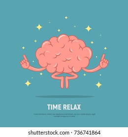 Cartoon Brain Meditation. Concept Time Relax. Calm Brain In Position Lotus. Vector Illustration In Flat Style.