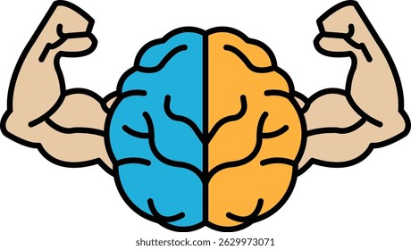 A cartoon of a brain with a muscle man's arms around it. The brain is split into two halves, one blue and one orange. Concept of strength and intelligence