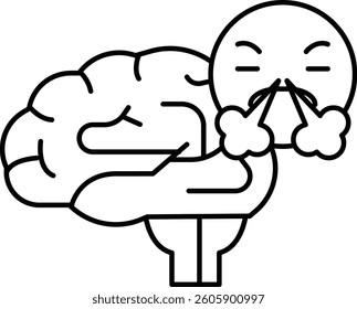 A cartoon of a brain with a person's face on it. The person is holding their nose and making a face