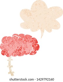 cerebro de dibujos animados con burbuja del habla en un estilo retro angustiado con textura gruesa