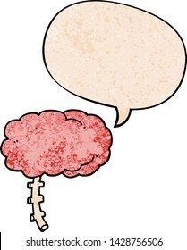 cerebro de dibujos animados con burbuja de habla en estilo de textura retro