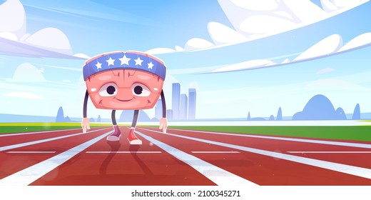 Cartoon Brain sportsman character training on stadium prepare for race marrow racing competition. Mind, iq and intelligence development, cute pericranium mascot sport exercise Vector illustration