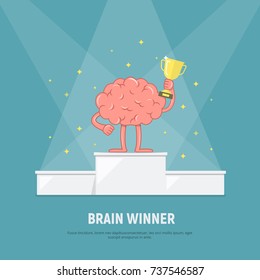 Cartoon Brain Stands On The Winners Podium. Brain With Winners Cup. Concept Success. Vector Illustration In Flat Style.