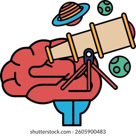 A cartoon brain with a telescope on top of it. The brain is red and the telescope is yellow. Concept of curiosity and exploration