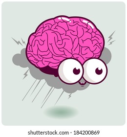 Cartoon brain thinking hard and creating a brain storm. Vector Illustration
