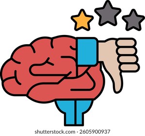 A cartoon brain with a thumbs down on it. The brain is red and blue