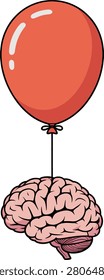 A cartoon brain tied to a red balloon, symbolizing thoughts and ideas floating away.