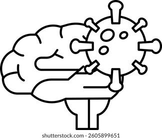 A cartoon brain with a virus in the middle