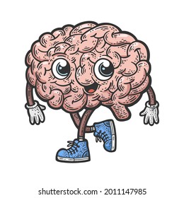 cartoon brain walking color line art sketch engraving vector illustration. T-shirt apparel print design. Scratch board imitation. Black and white hand drawn image.