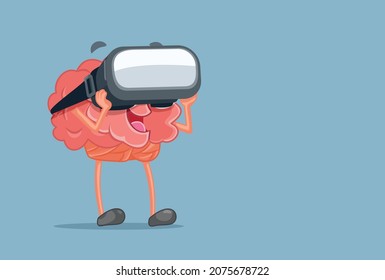 Cartoon Brain Wearing VR Glasses Vector Illustration. Fun virtual reality experience in augmented imaginative scenario entertaining human mind
