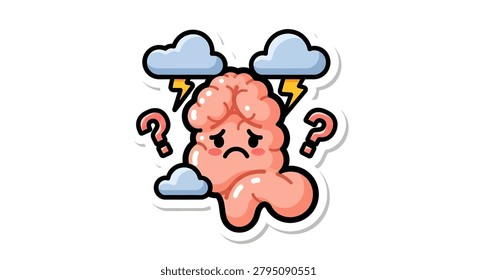 A cartoon brain with a worried face