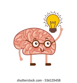 cartoon brain and yellow bulb light icon over white background. colorful design. vector illustration