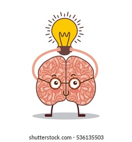 cartoon brain and yellow bulb light icon over white background. colorful design. vector illustration
