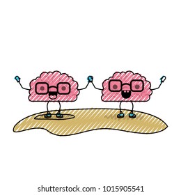 cartoon brains couple and both with glasses and holding hands with cheerful and happy expression in colored crayon silhouette