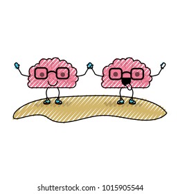 cartoon brains couple and both with glasses and holding hands with calm and funny expression in colored crayon silhouette