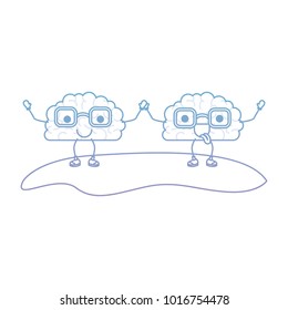 cartoon brains couple and both with glasses and holding hands with calm and funny expression in degraded blue to purple color contour