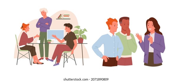 Cartoon brainstorm teamwork of employees group, managers brainstorming on creative project at table isolated on white. Team of business people meeting in office for discussion vector illustration