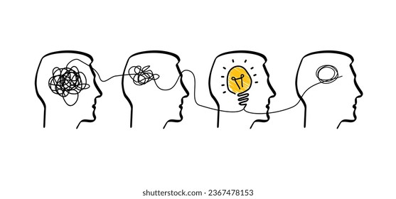 Cartoon brainstorming and mental problem solving, psychotherapy Concept. Complete and total confusion or lack of order. Brains with tangled knot and order in one man's head. lightbulb path.